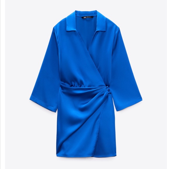 Zara Dresses Zara Cobalt Blue Wrap Front Satin Effect Dress Poshmark